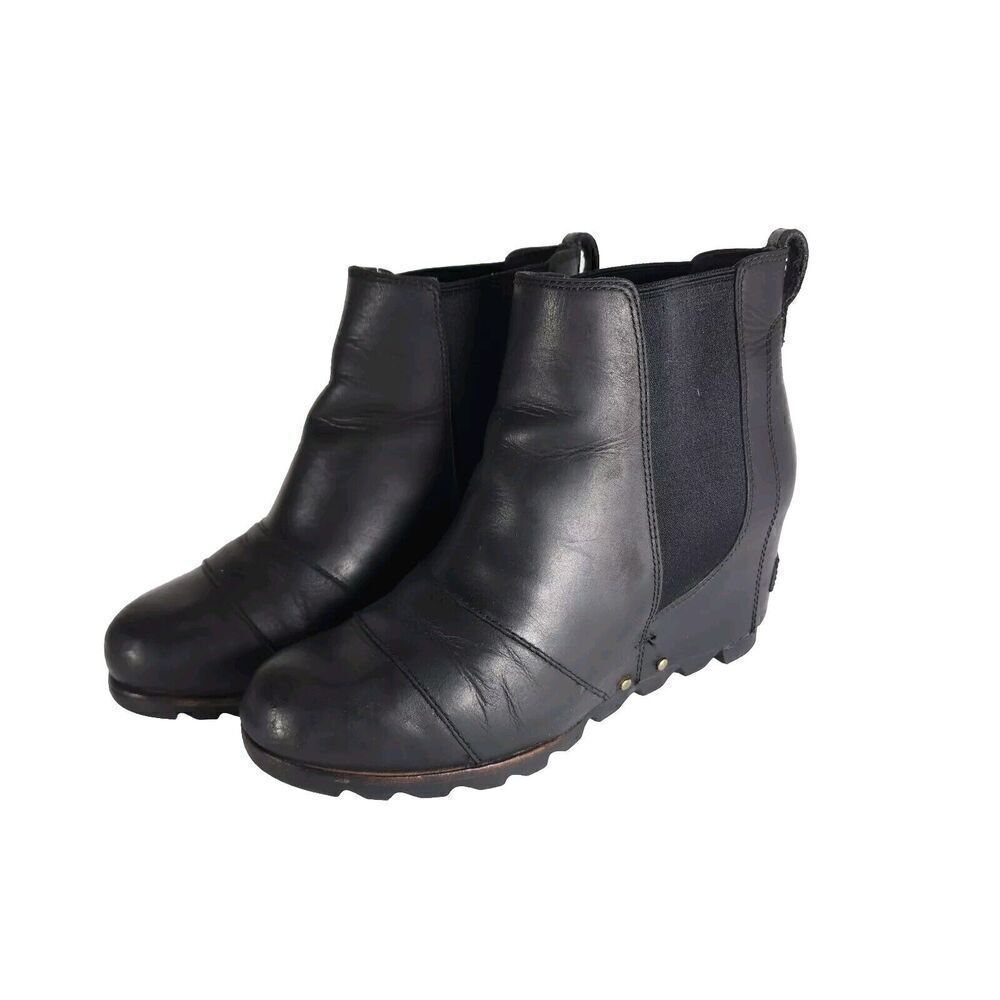 Sorel Women's Lea US8 Black Leather Waterproof Chelsea Wedge Ankle Bootie Boots